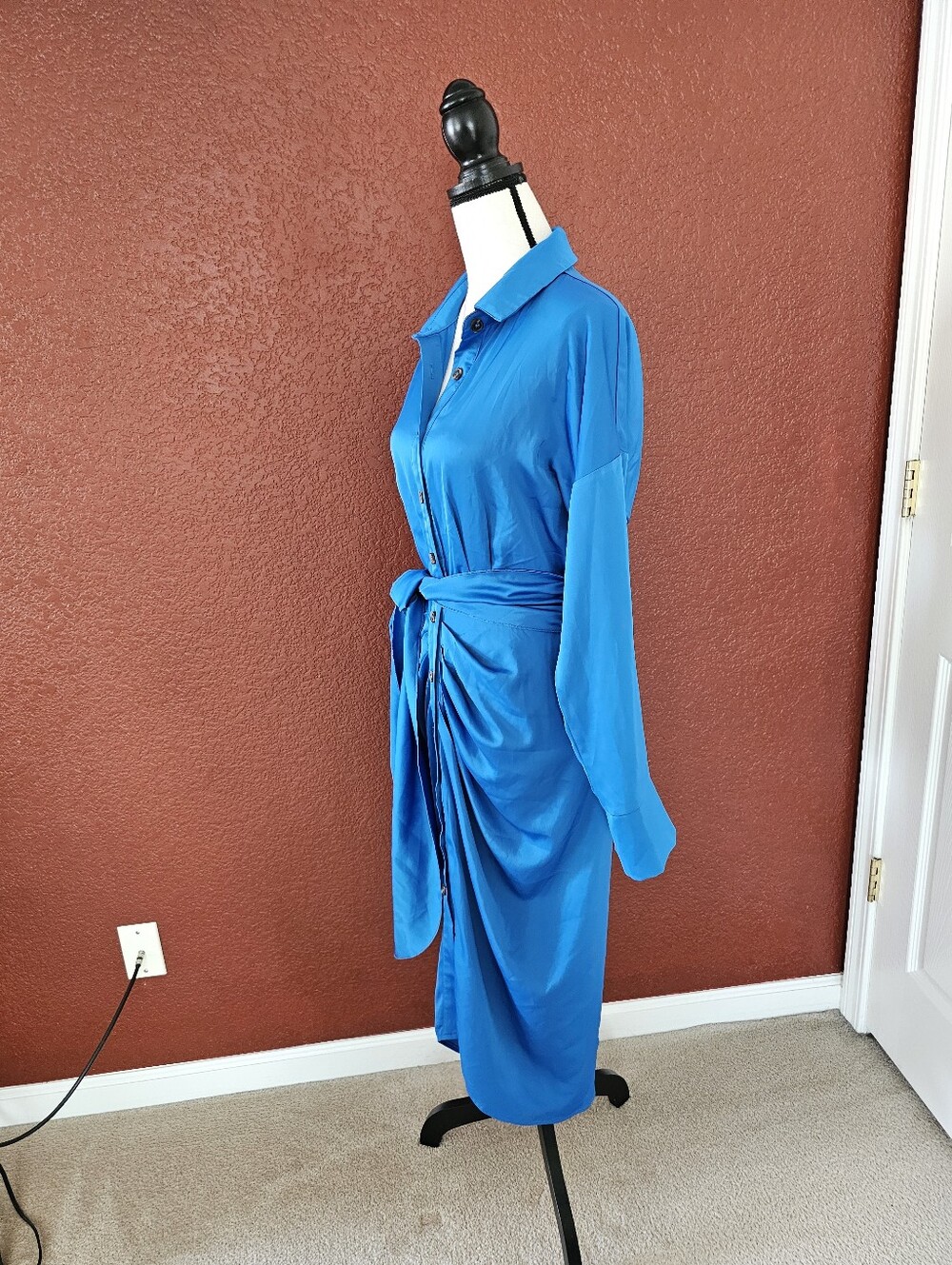 Asymmetrical Blue Satin Button-Front Dress with Waist Tie - Picture 5 of 13